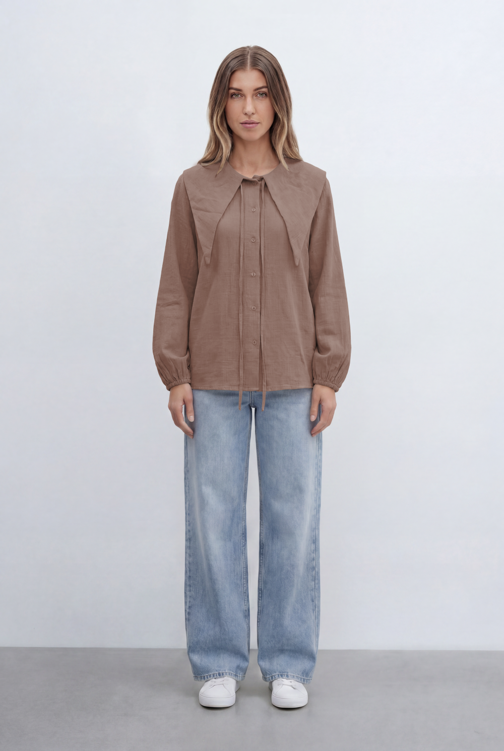 Women’s Tomato Store Button Front Shirt Oversized Sailor Collar Tie Detail Soft Gathered Cuffs