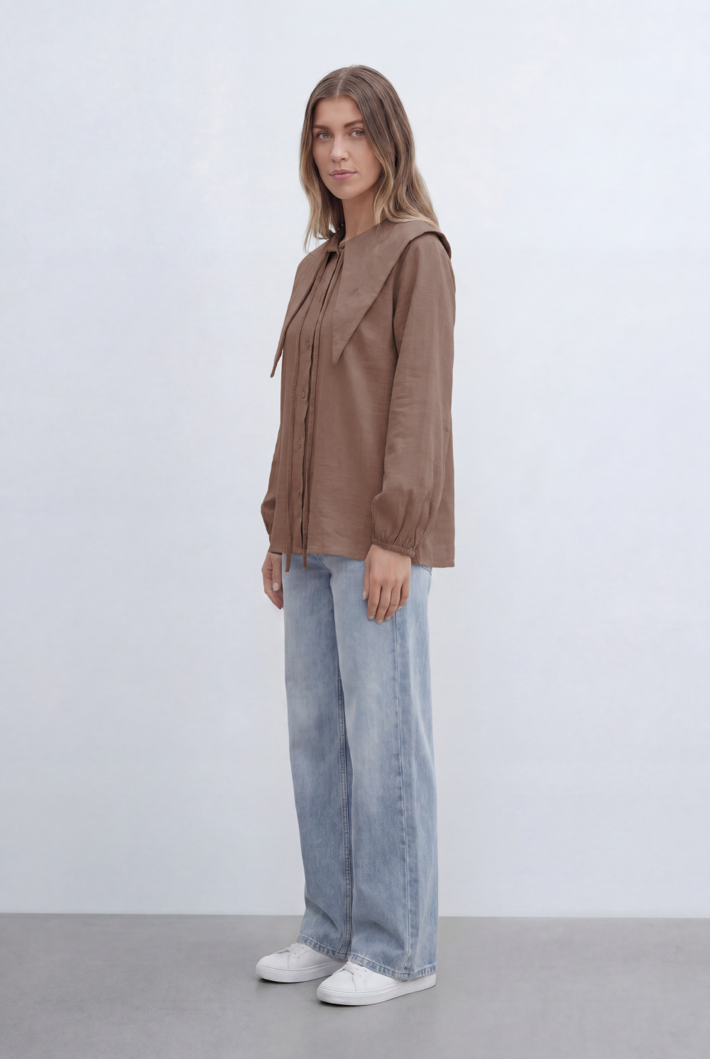 Women’s Tomato Store Button Front Shirt Oversized Sailor Collar Tie Detail Soft Gathered Cuffs