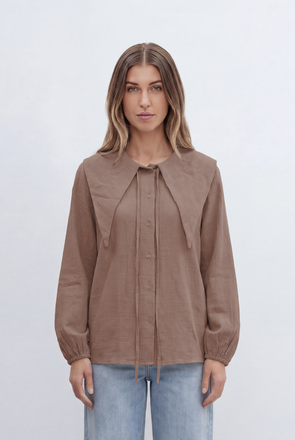 Women’s Tomato Store Button Front Blouse Oversized Sailor Collar Tie Detail Soft Gathered Cuffs