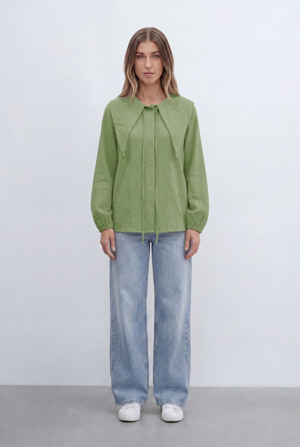 Women’s Tomato Store Button Front Shirt Oversized Sailor Collar Tie Detail Soft Gathered Cuffs