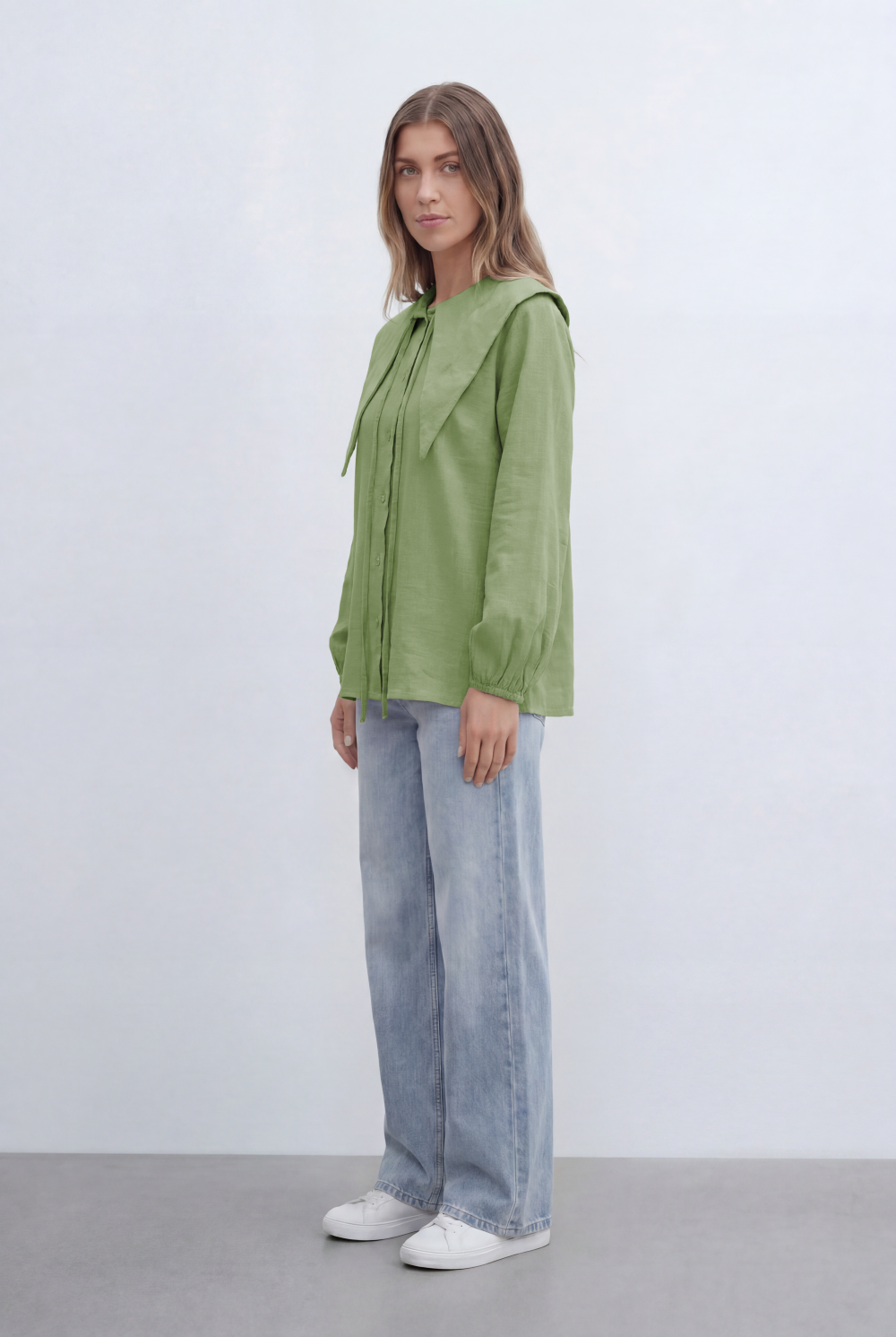 Women’s Tomato Store Button Front Shirt Oversized Sailor Collar Tie Detail Soft Gathered Cuffs