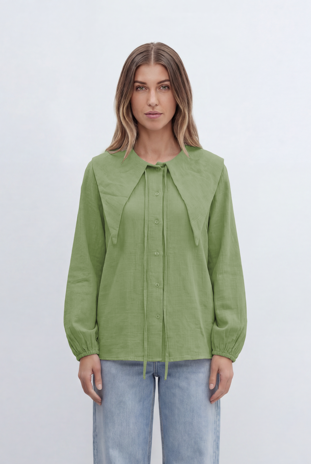 Women’s Tomato Store Button Front Blouse Oversized Sailor Collar Tie Detail Soft Gathered Cuffs