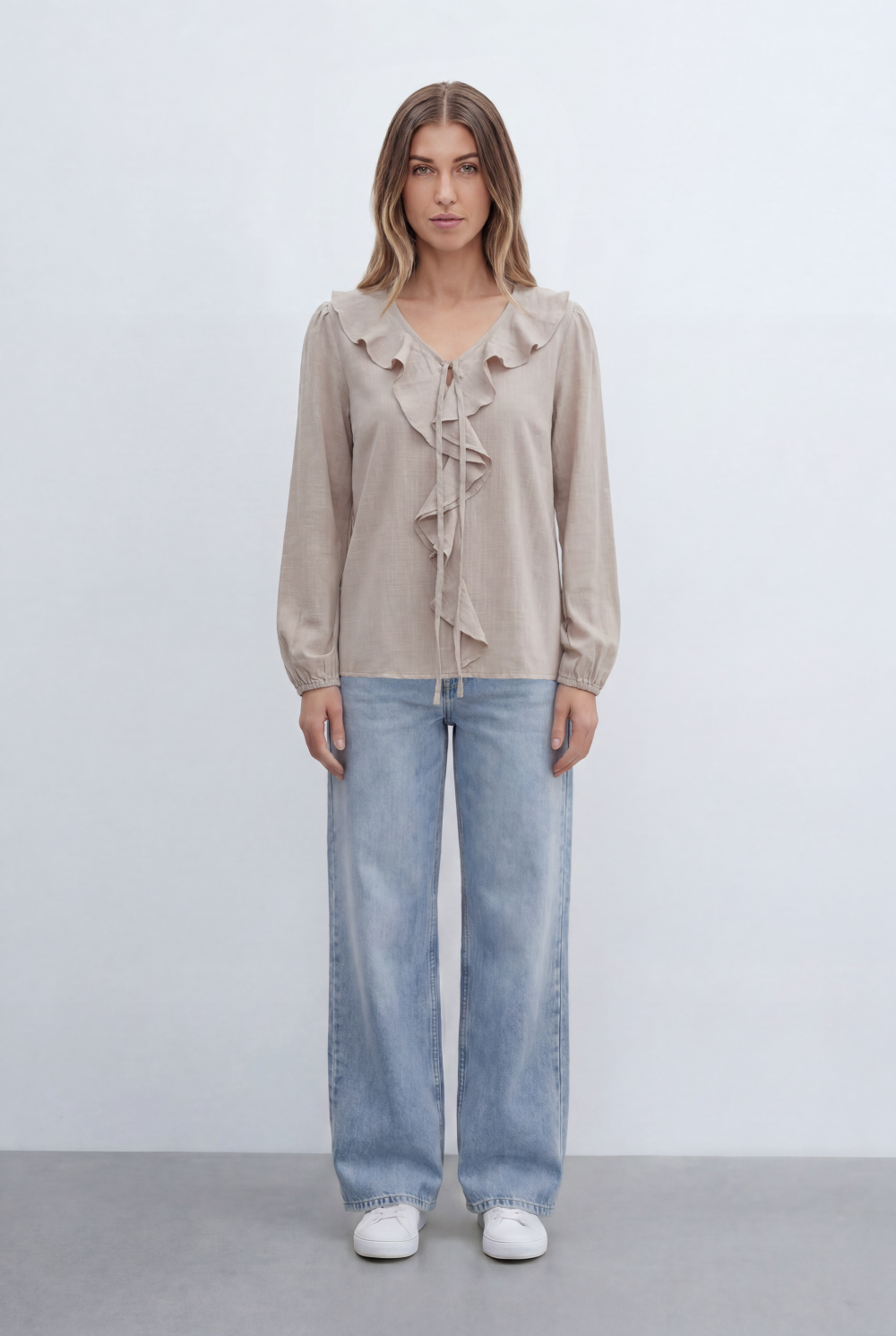 Women’s Tomato Store With Cascading Ruffle Details Delicate Tie Neck Accent Soft Gathered Sleeves