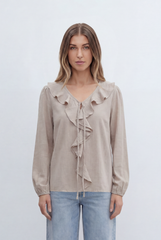 Women’s Tomato Store With Cascading Ruffle Details Delicate Tie Neck Accent Soft Gathered Sleeves