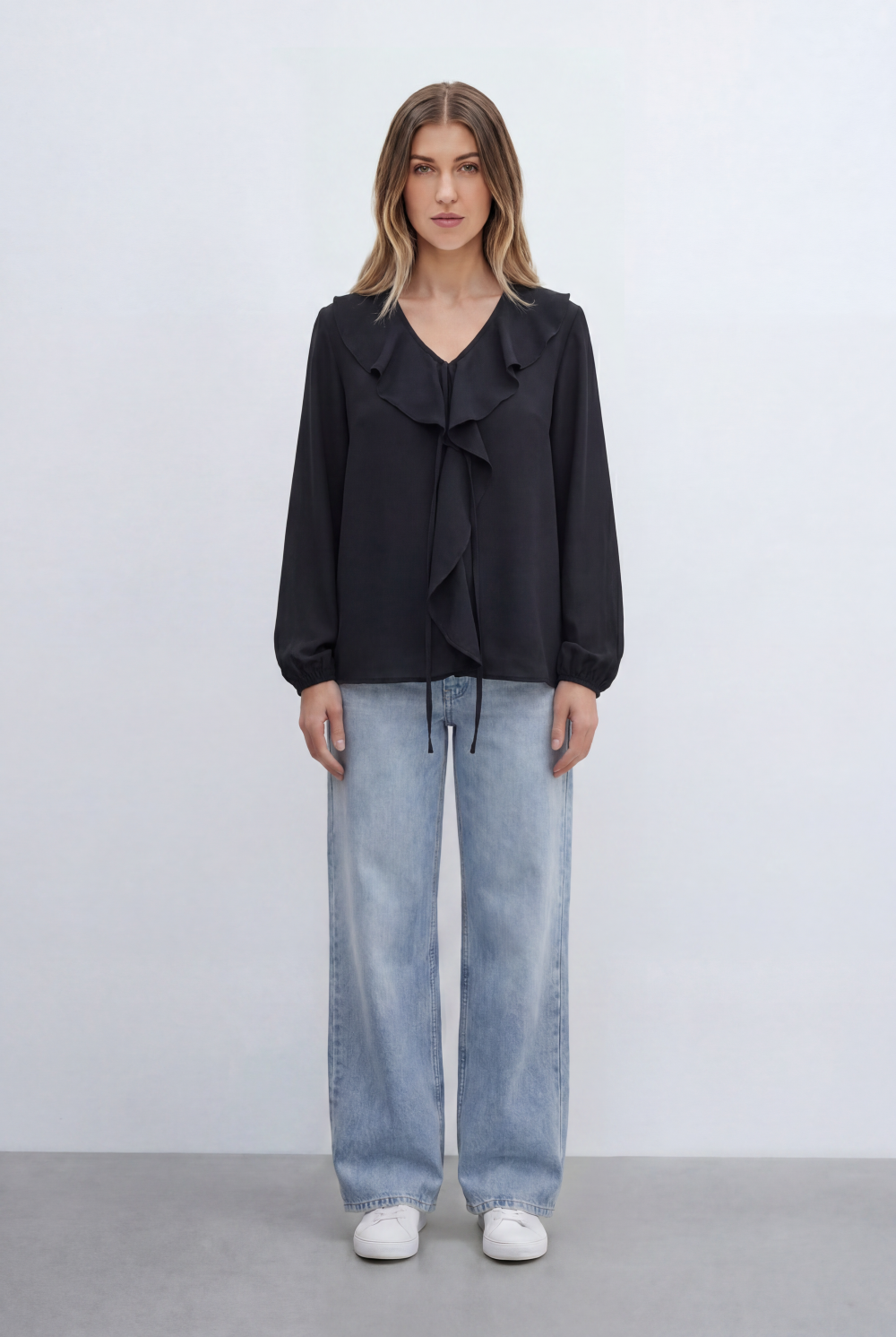 Women’s Tomato Store With Cascading Ruffle Details Delicate Tie Neck Accent Soft Gathered Sleeves