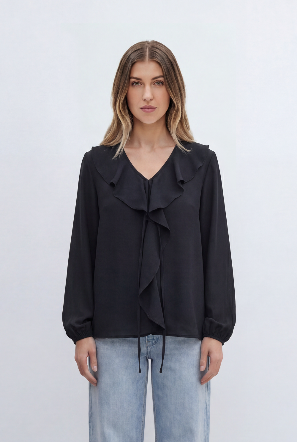 Women’s Tomato Store With Cascading Ruffle Details Delicate Tie Neck Accent Soft Gathered Sleeves