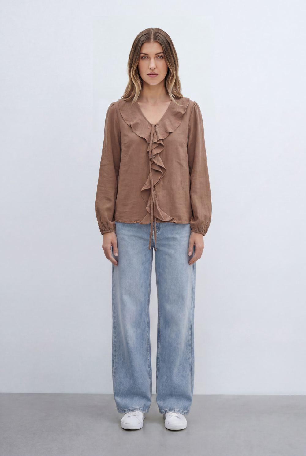 Women’s Tomato Store With Cascading Ruffle Details Delicate Tie Neck Accent Soft Gathered Sleeves
