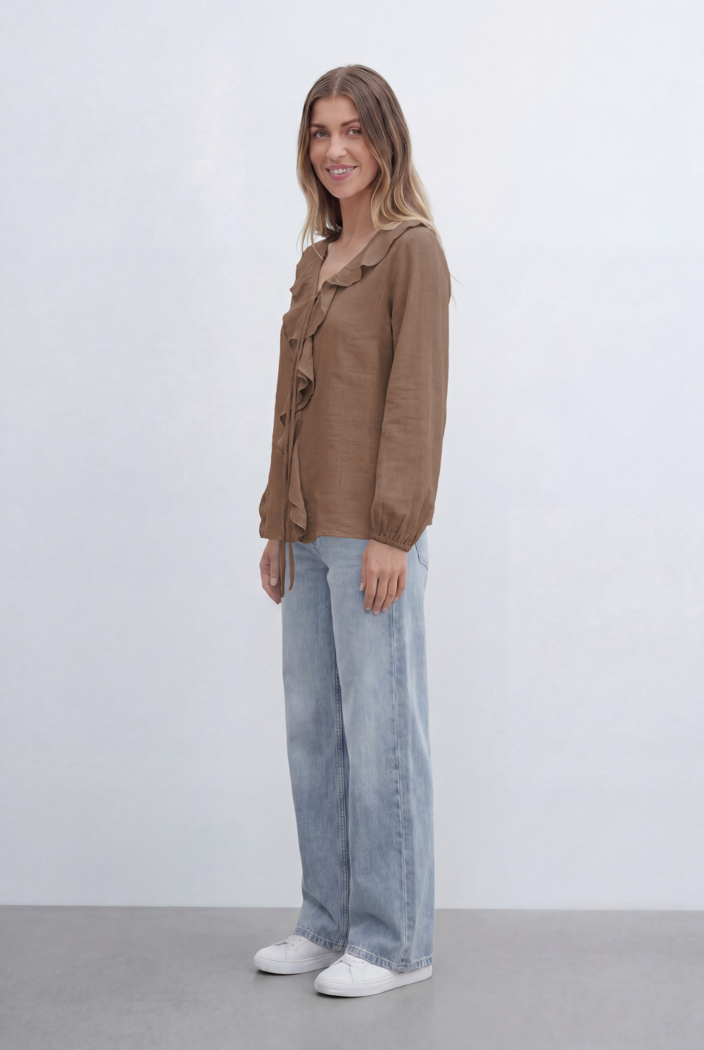 Women’s Tomato Store With Cascading Ruffle Details Delicate Tie Neck Accent Soft Gathered Sleeves