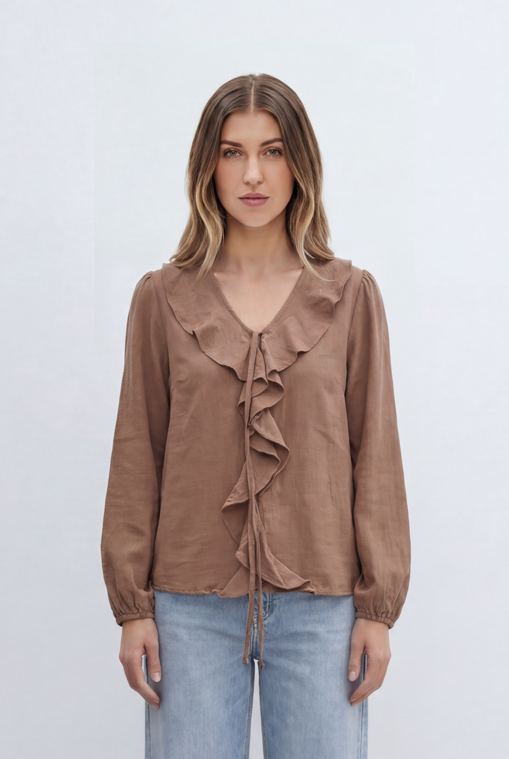 Women’s Tomato Store With Cascading Ruffle Details Delicate Tie Neck Accent Soft Gathered Sleeves