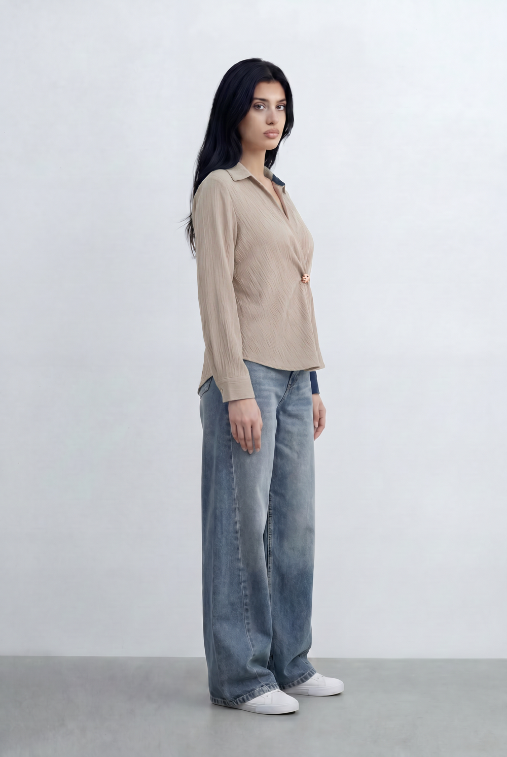 Women’s Tomato Store Wrap Front Blouse Crinkled Texture Finish Side Ring Tie Detail
