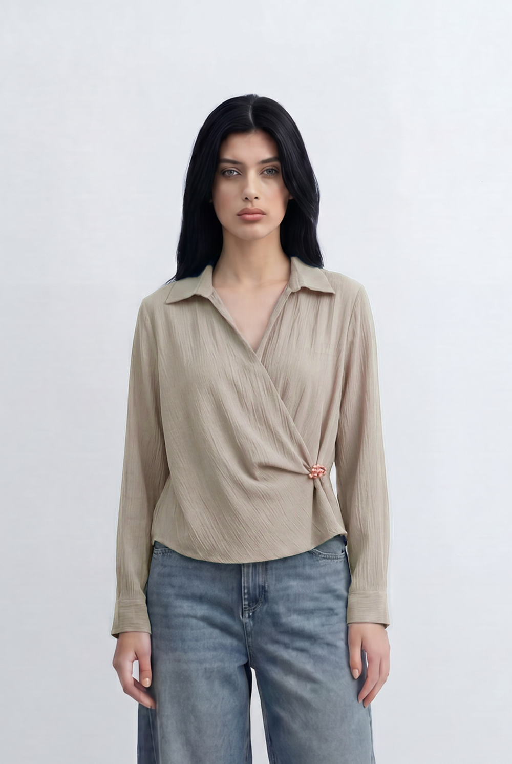 Women’s Tomato Store Wrap Front Blouse Crinkled Texture Finish Side Ring Tie Detail