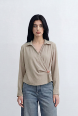 Women’s Tomato Store Wrap Front Blouse Crinkled Texture Finish Side Ring Tie Detail