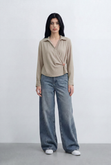 Women’s Tomato Store Wrap Front Blouse Crinkled Texture Finish Side Ring Tie Detail