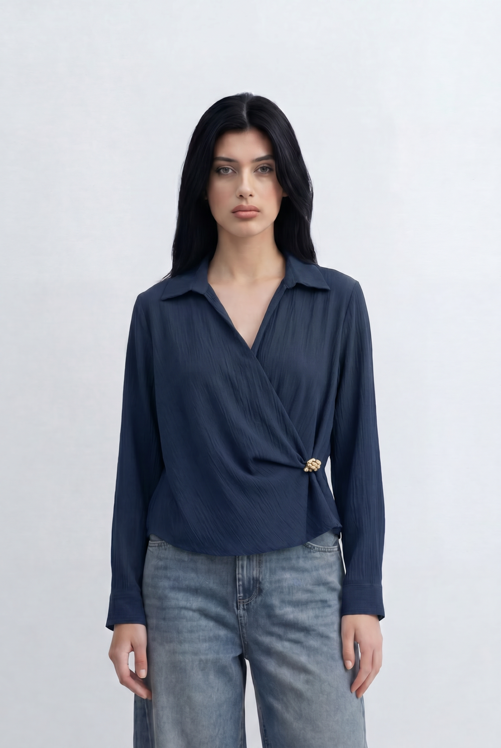 Women’s Tomato Store Wrap Front Blouse Crinkled Texture Finish Side Ring Tie Detail