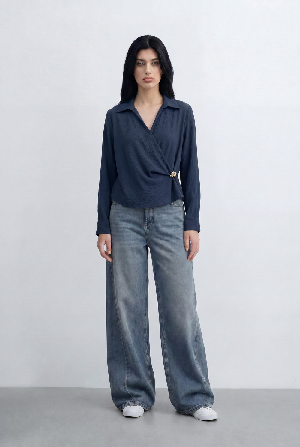 Women’s Tomato Store Wrap Front Blouse Crinkled Texture Finish Side Ring Tie Detail
