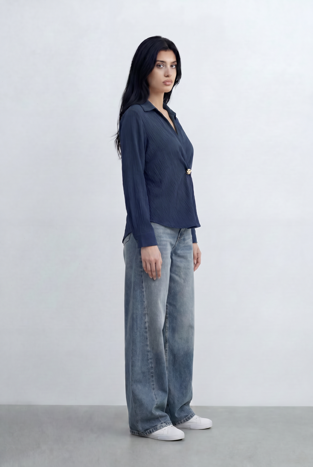 Women’s Tomato Store Wrap Front Blouse Crinkled Texture Finish Side Ring Tie Detail