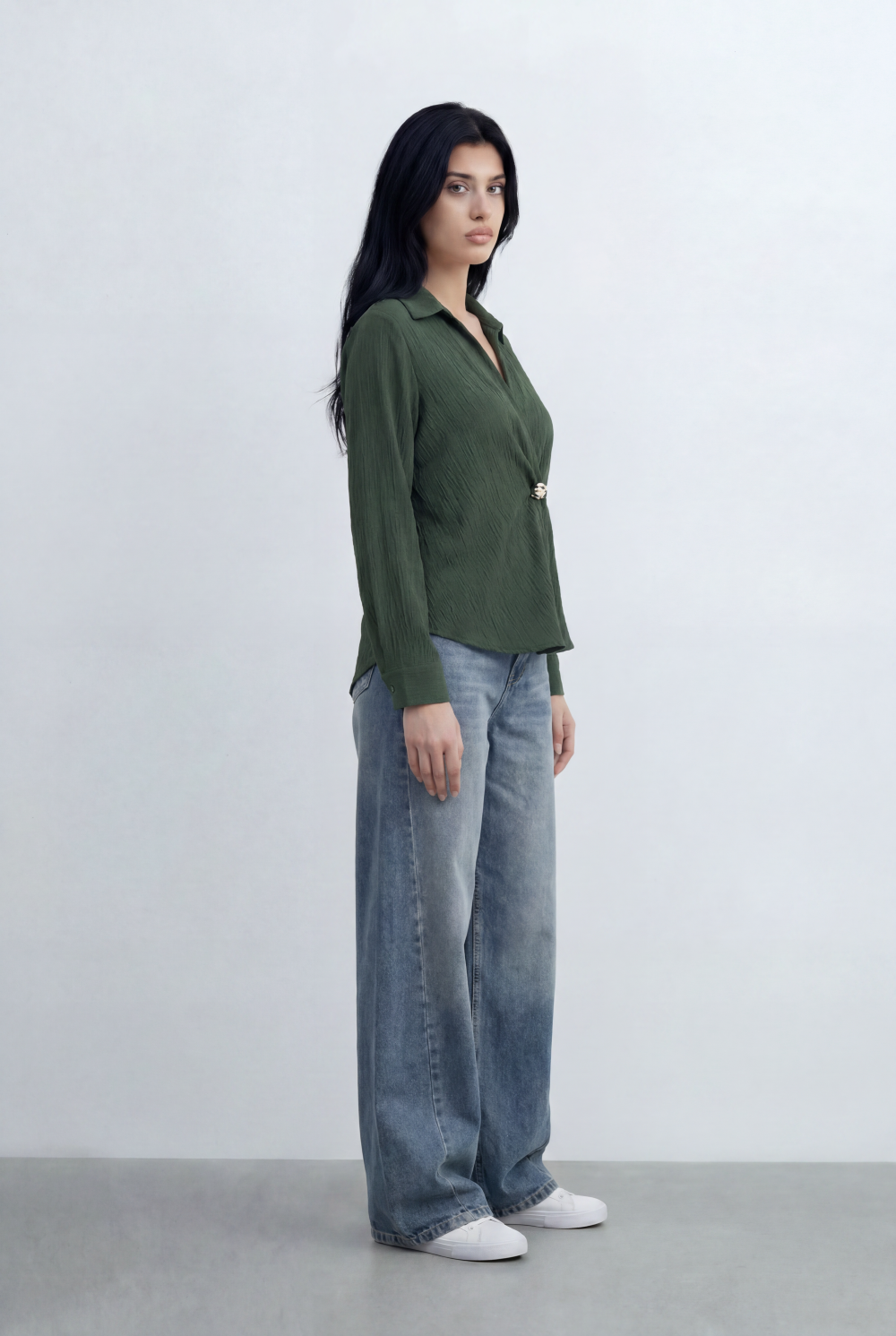 Women’s Tomato Store Wrap Front Blouse Crinkled Texture Finish Side Ring Tie Detail