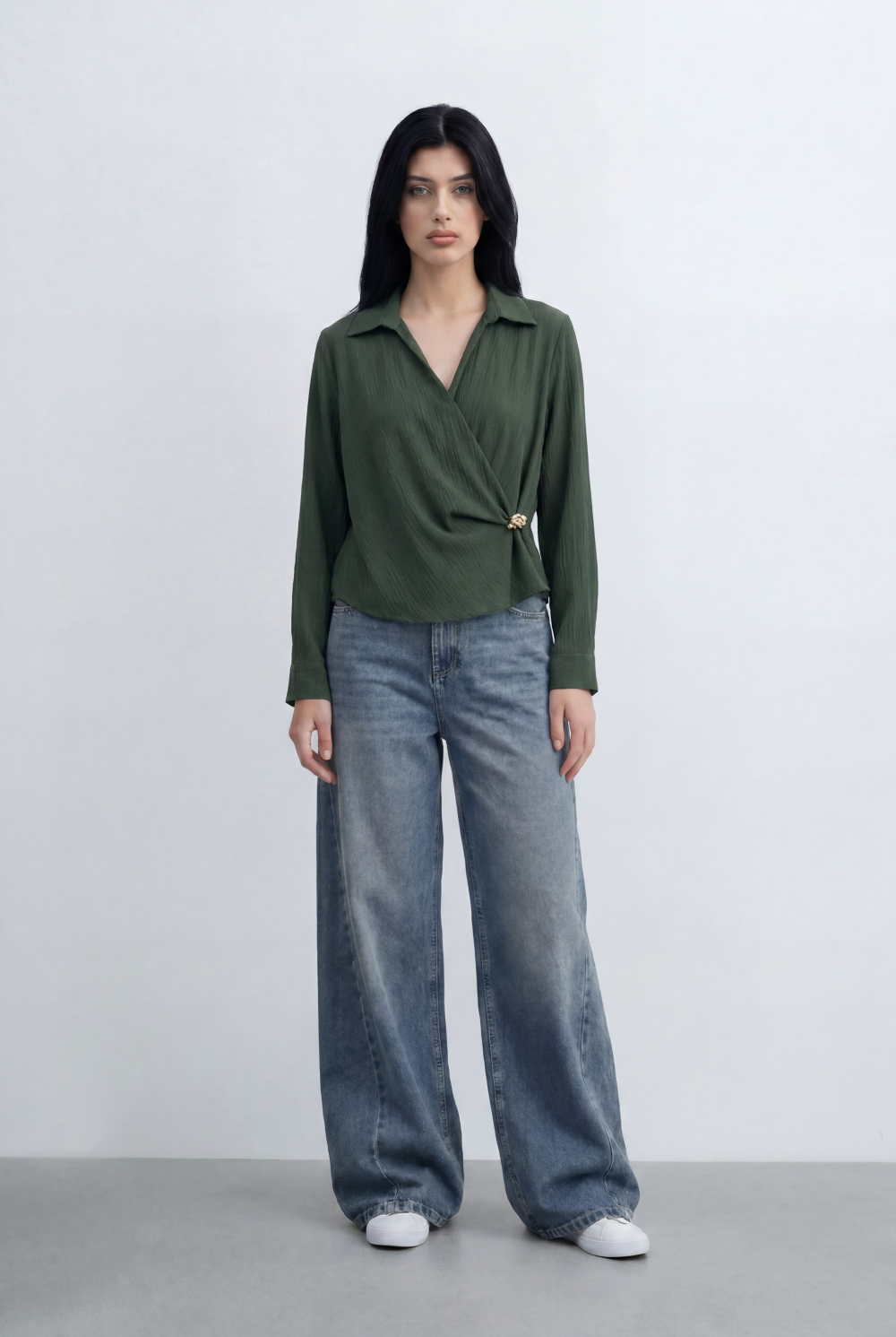 Women’s Tomato Store Wrap Front Blouse Crinkled Texture Finish Side Ring Tie Detail