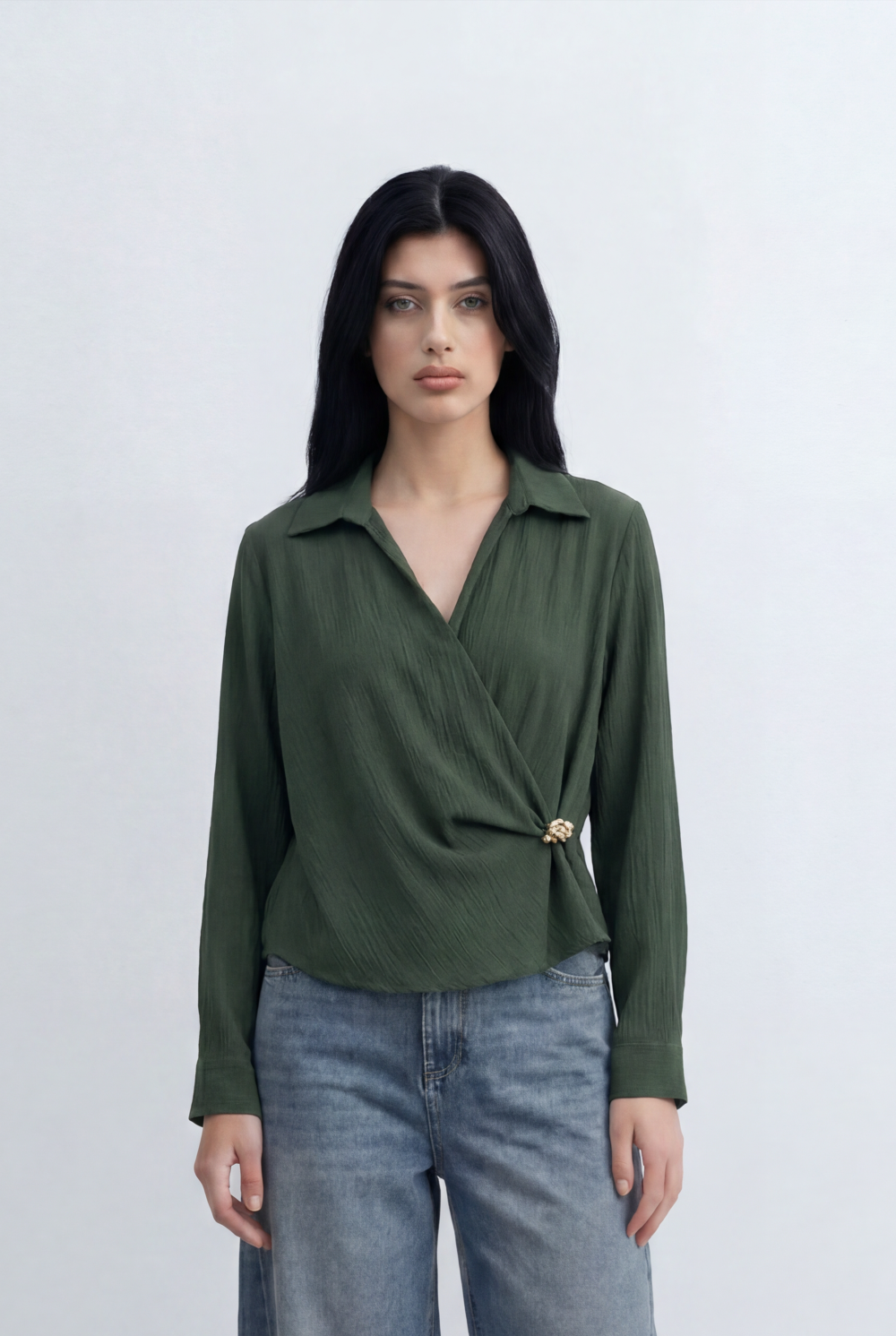 Women’s Tomato Store Wrap Front Blouse Crinkled Texture Finish Side Ring Tie Detail