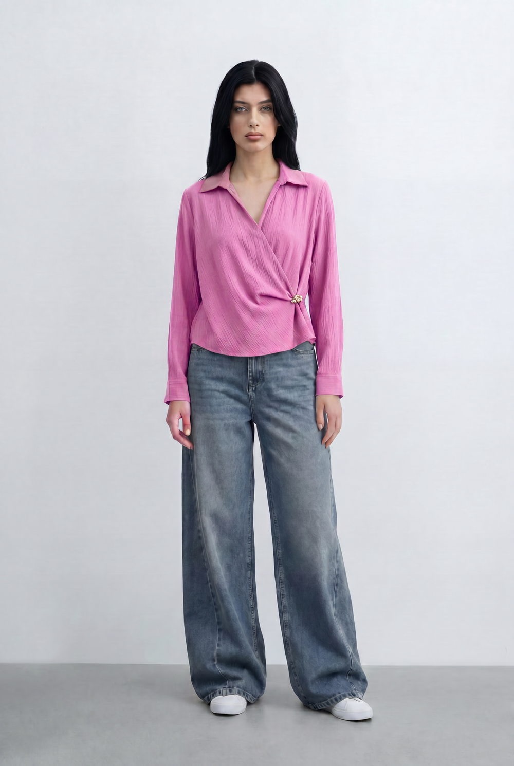 Women’s Tomato Store Wrap Front Blouse Crinkled Texture Finish Side Ring Tie Detail