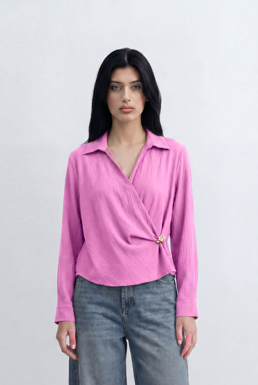 Women’s Tomato Store Wrap Front Blouse Crinkled Texture Finish Side Ring Tie Detail