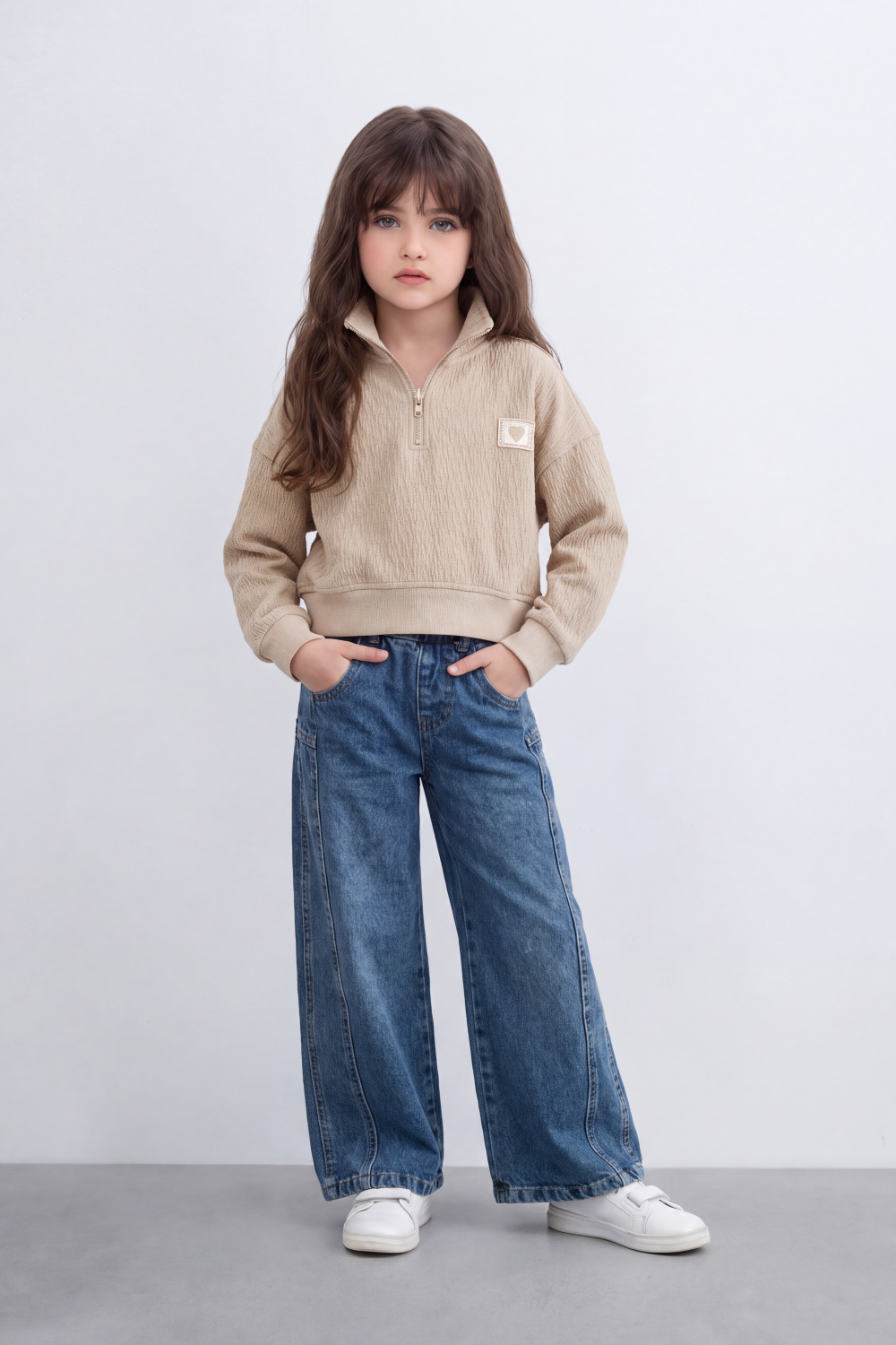 Girl's Tomato Store Textured Relaxed Sweatshirt High Neck Long Sleeve Quarter-Zip Detail Chest Patch