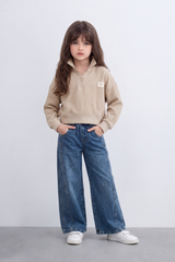 Girl's Tomato Store Textured Relaxed Sweatshirt High Neck Long Sleeve Quarter-Zip Detail Chest Patch