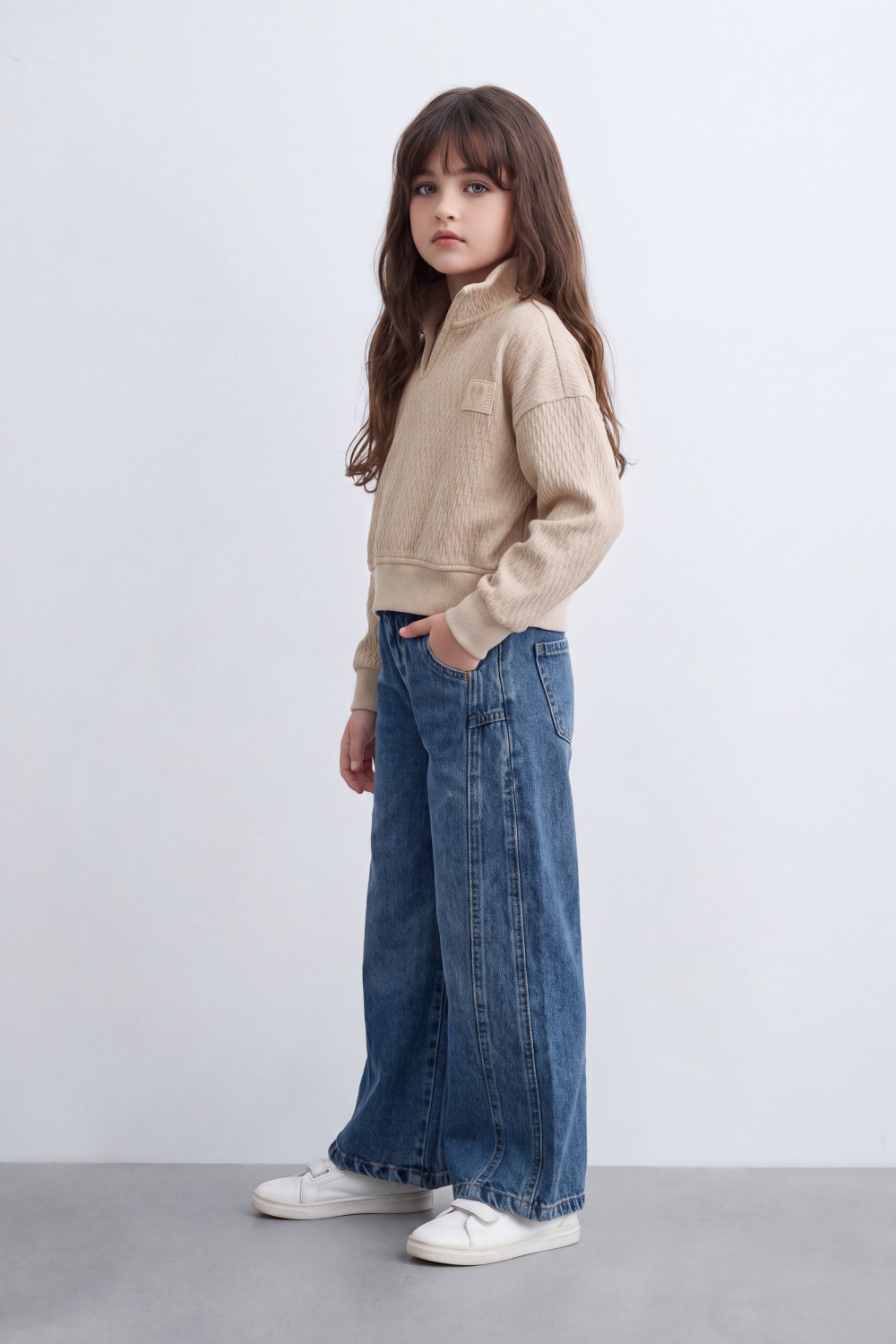 Girl's Tomato Store Textured Relaxed Sweatshirt High Neck Long Sleeve Quarter-Zip Detail Chest Patch