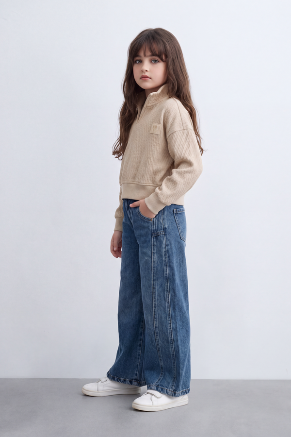 Girl's Tomato Store Textured Relaxed Sweatshirt High Neck Long Sleeve Quarter-Zip Detail Chest Patch