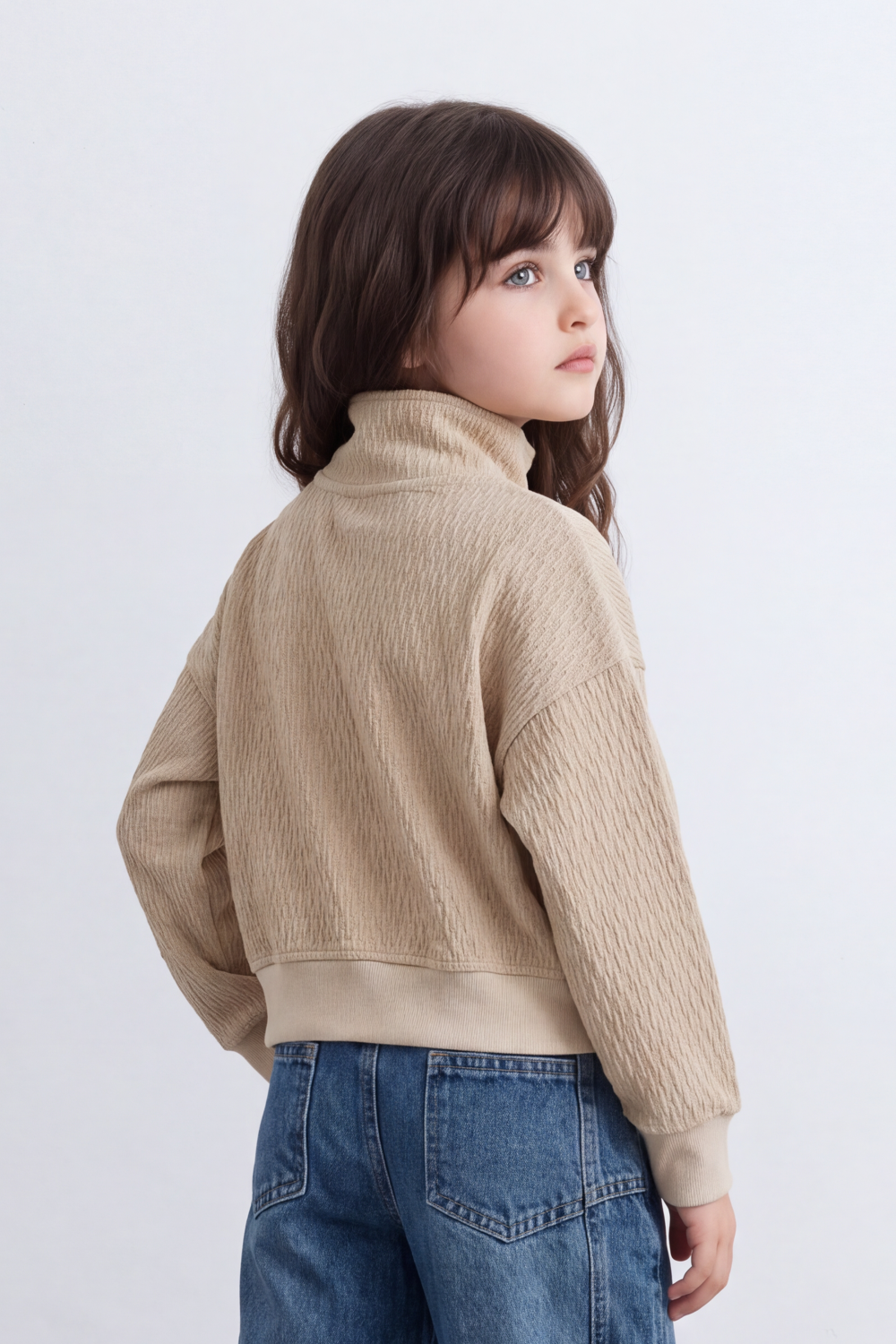 Girl's Tomato Store Textured Relaxed Sweatshirt High Neck Long Sleeve Quarter-Zip Detail Chest Patch