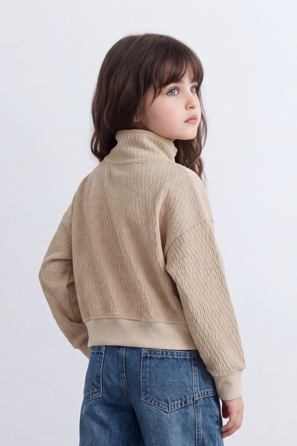Girl's Tomato Store Textured Relaxed Sweatshirt High Neck Long Sleeve Quarter-Zip Detail Chest Patch