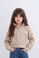 Girl's Tomato Store Textured Relaxed Sweatshirt High Neck Long Sleeve Quarter-Zip Detail Chest Patch
