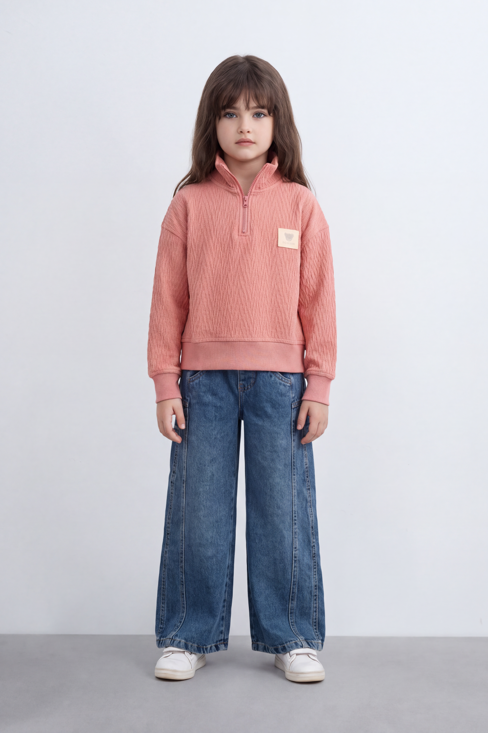 Girl's Tomato Store Textured Relaxed Sweatshirt High Neck Long Sleeve Quarter-Zip Detail Chest Patch