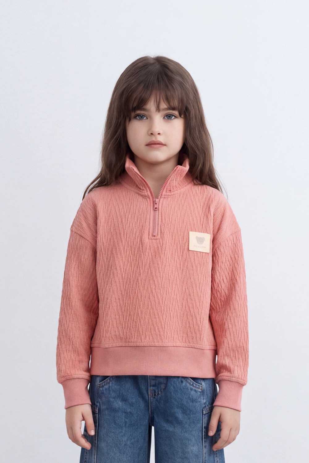 Girl's Tomato Store Textured Relaxed Sweatshirt High Neck Long Sleeve Quarter-Zip Detail Chest Patch
