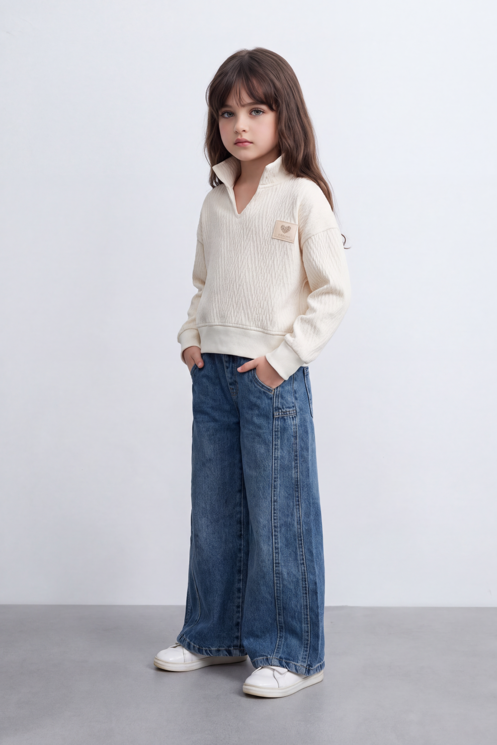 Girl's Tomato Store Textured Relaxed Sweatshirt High Neck Long Sleeve Quarter-Zip Detail Chest Patch