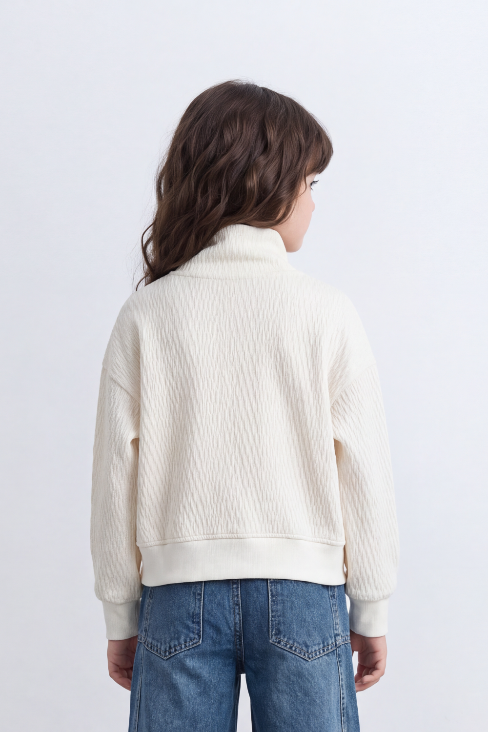 Girl's Tomato Store Textured Relaxed Sweatshirt High Neck Long Sleeve Quarter-Zip Detail Chest Patch