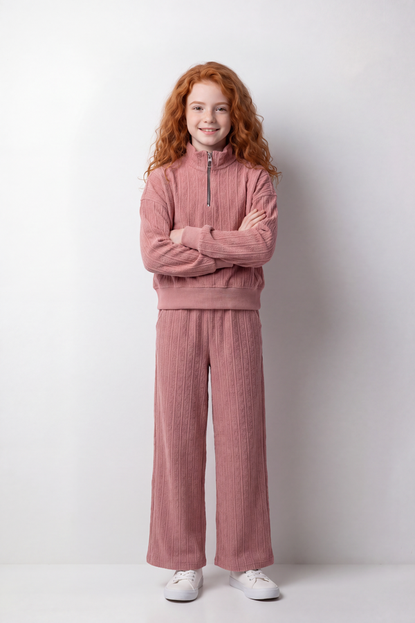 Girl's Tomato Store Relaxed Fit Knit Outfit Quarter-Zip High Neck Long Sleeve Textured Pattern