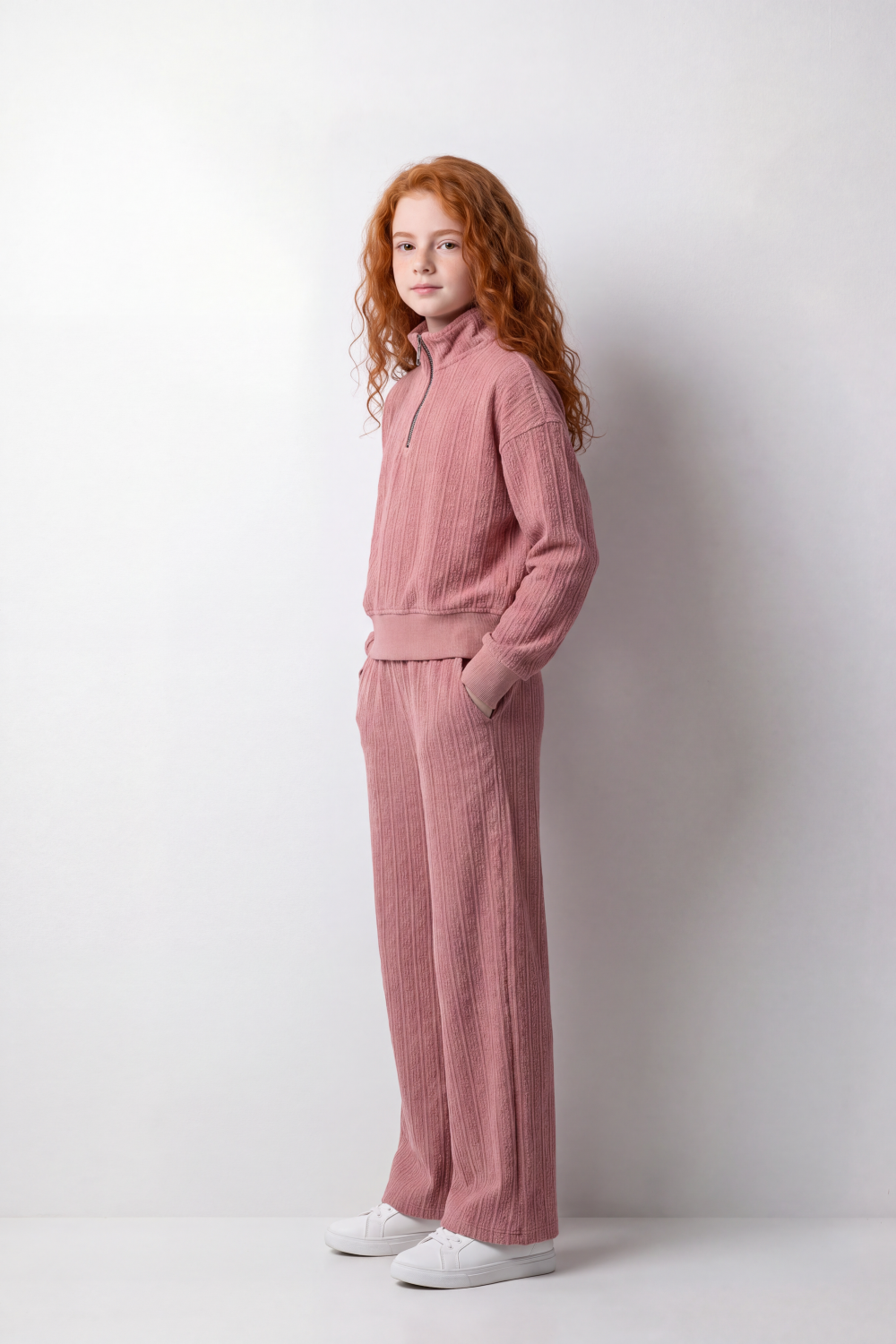 Girl's Tomato Store Relaxed Fit Knit Outfit Quarter-Zip High Neck Long Sleeve Textured Pattern