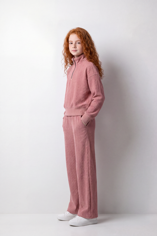 Girl's Tomato Store Relaxed Fit Knit Outfit Quarter-Zip High Neck Long Sleeve Textured Pattern