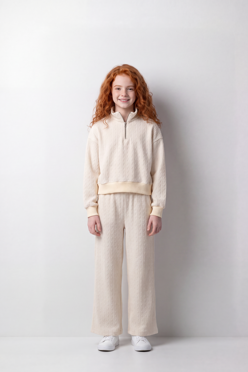 Girl's Tomato Store Relaxed Fit Knit Outfit Quarter-Zip High Neck Long Sleeve Textured Pattern