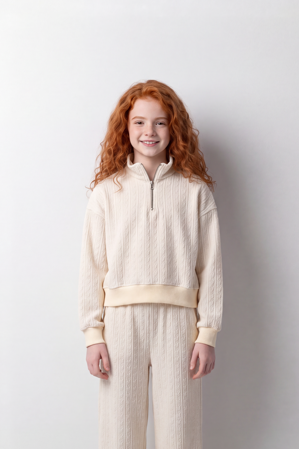 Girl's Tomato Store Relaxed Fit Knit Outfit Quarter-Zip High Neck Long Sleeve Textured Pattern