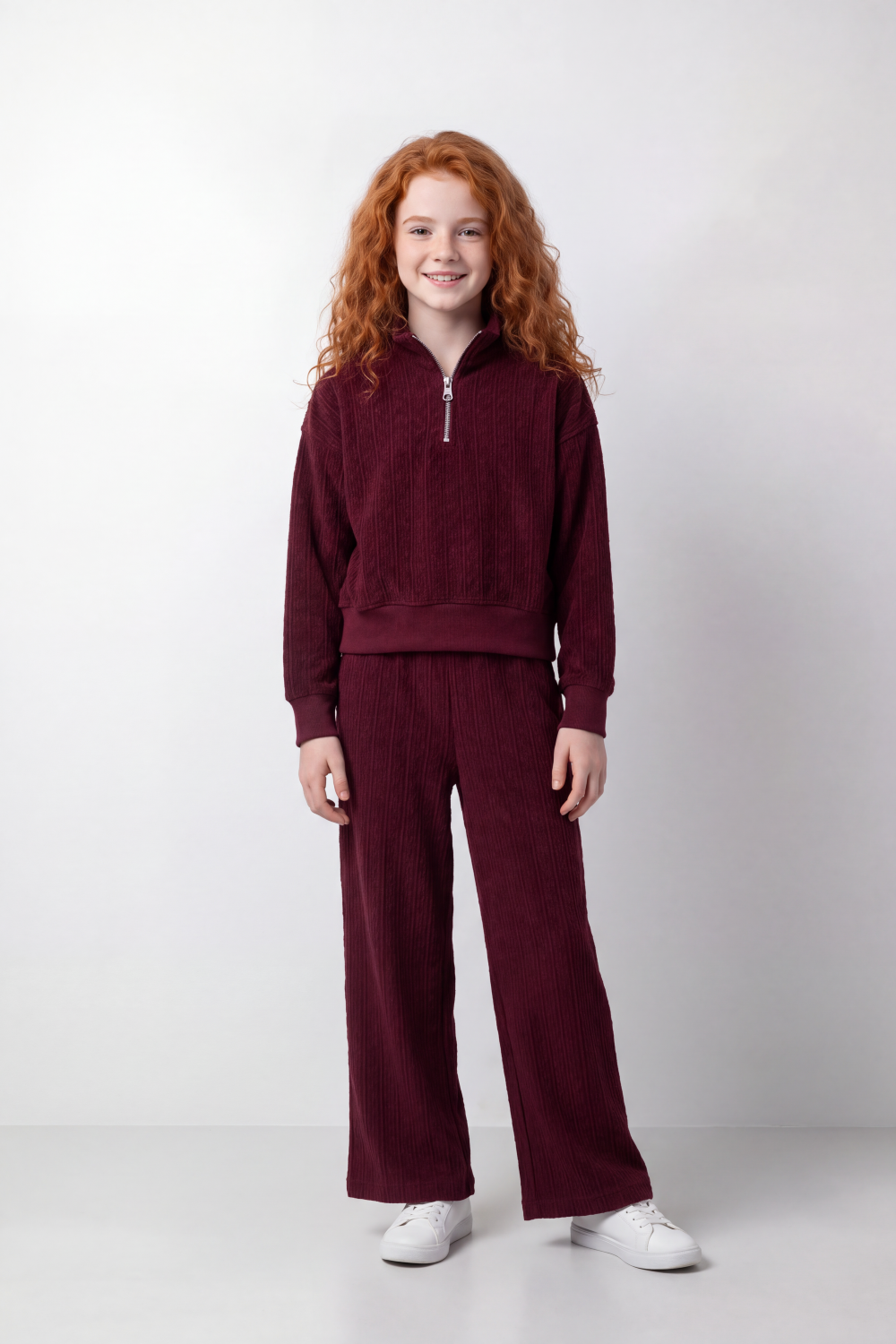Girl's Tomato Store Relaxed Fit Knit Outfit Quarter-Zip High Neck Long Sleeve Textured Pattern
