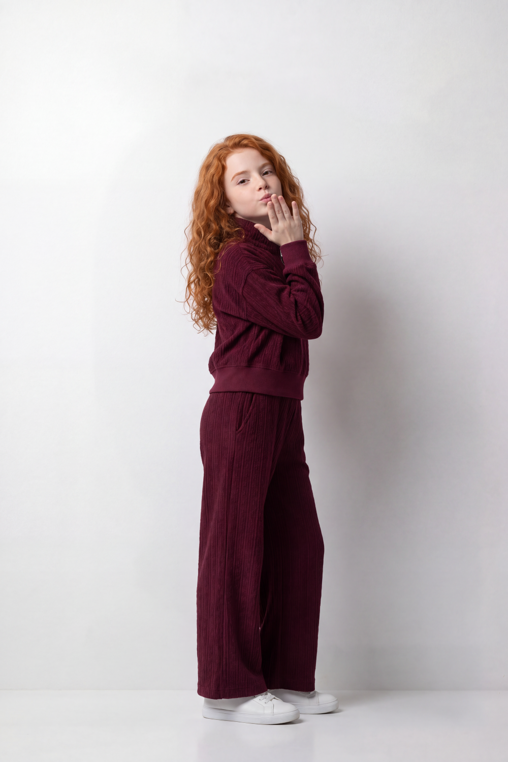 Girl's Tomato Store Relaxed Fit Knit Outfit Quarter-Zip High Neck Long Sleeve Textured Pattern