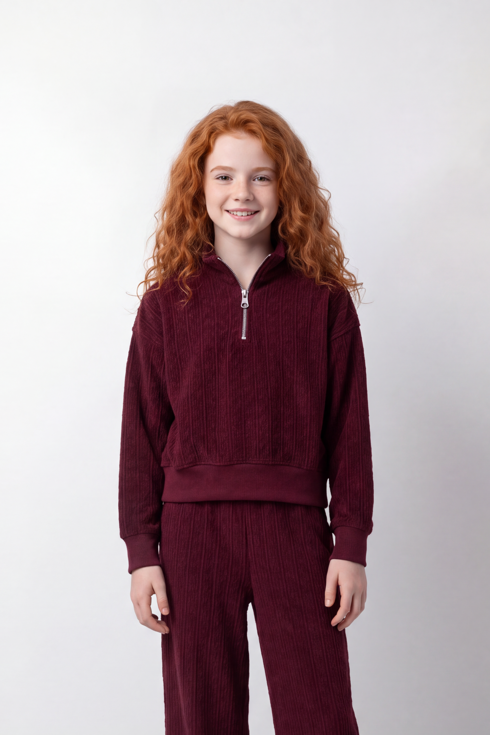 Girl's Tomato Store Relaxed Fit Knit Outfit Quarter-Zip High Neck Long Sleeve Textured Pattern