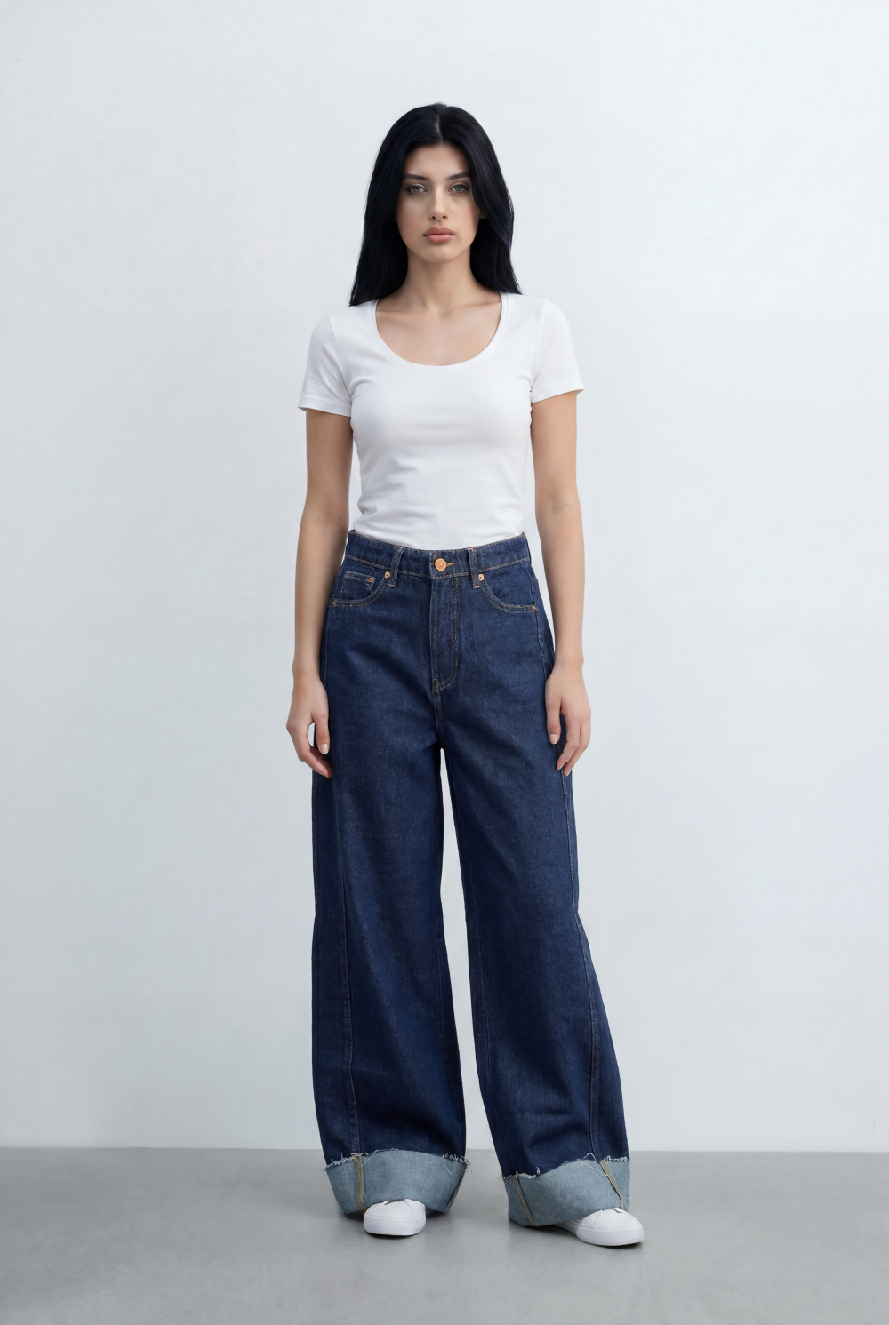 Women’s Tomato Store Wide Leg Denim Clean Dark Wash Turn Up Cuff Hem Pants