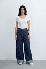 Women’s Tomato Store Wide Leg Denim Clean Dark Wash Turn Up Cuff Hem Pants
