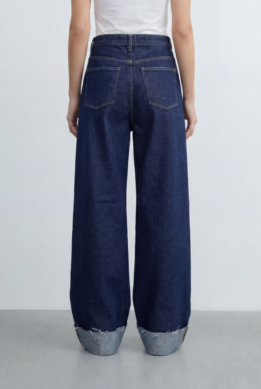 Women’s Tomato Store Wide Leg Denim Clean Dark Wash Turn Up Cuff Hem Pants