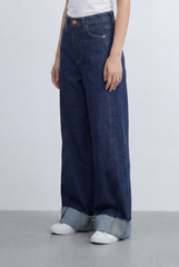 Women’s Tomato Store Wide Leg Denim Clean Dark Wash Turn Up Cuff Hem Pants