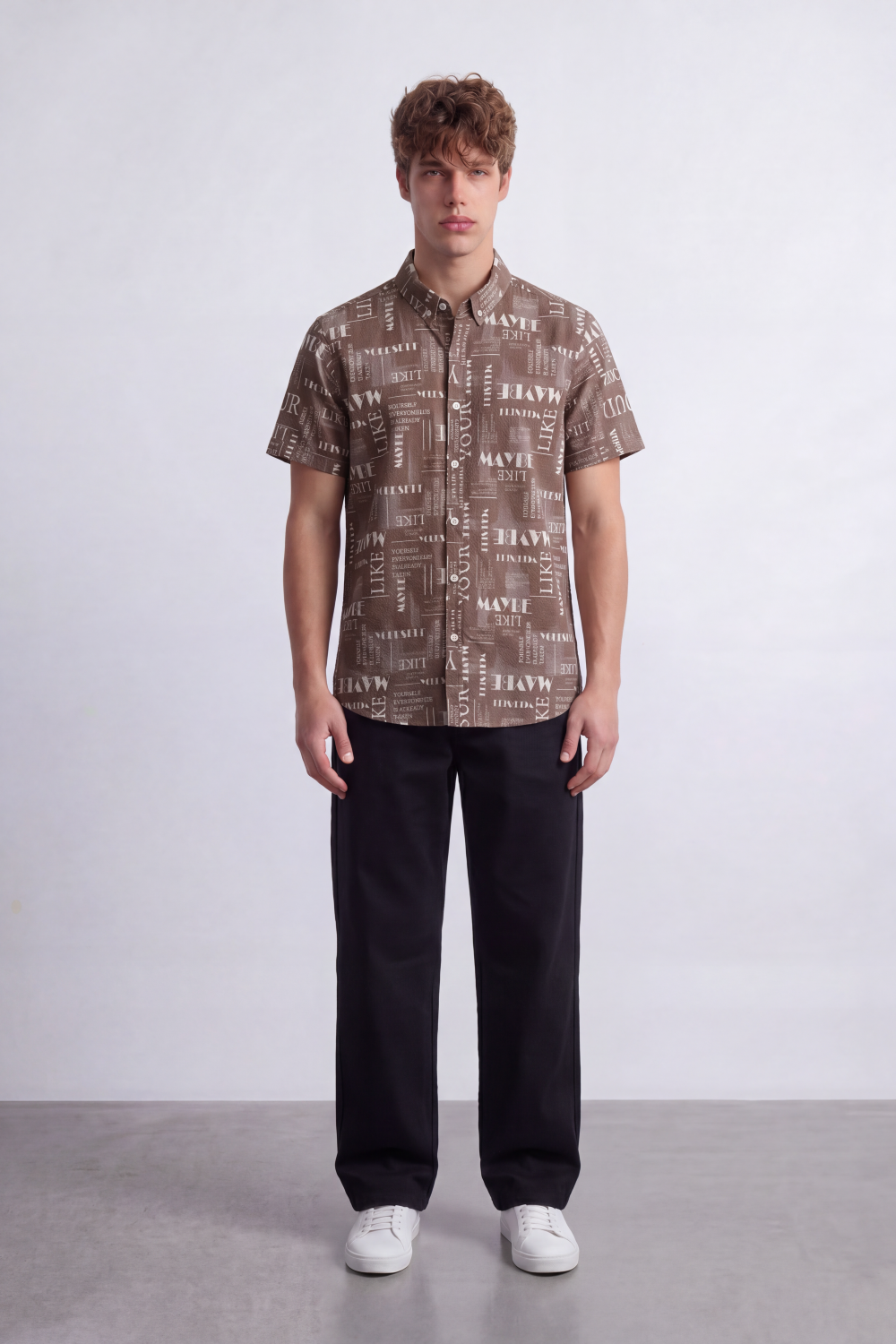 Men's Tomato Store Summer Printed Poplin Shirt Allover Typography Artwork Half Sleeve Slim Fit