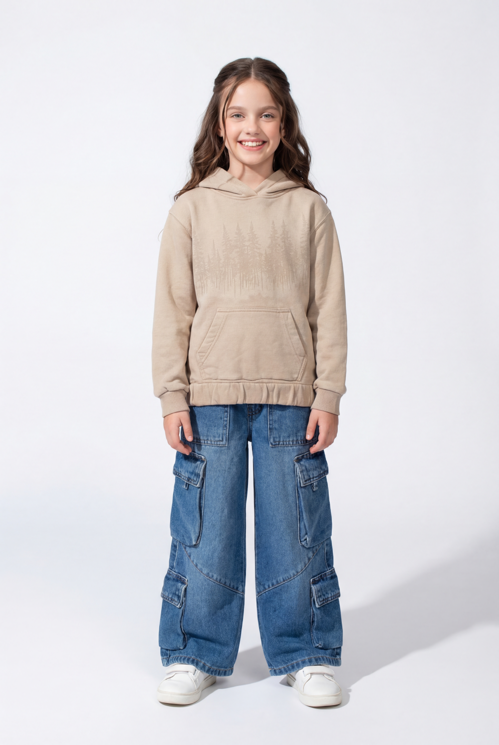 Girl’s Forest-Print Acid-Wash Crossover Hood Kangaroo Pocket Elasticated Bubble Hem Ribbed Cuffs Sweatshirt